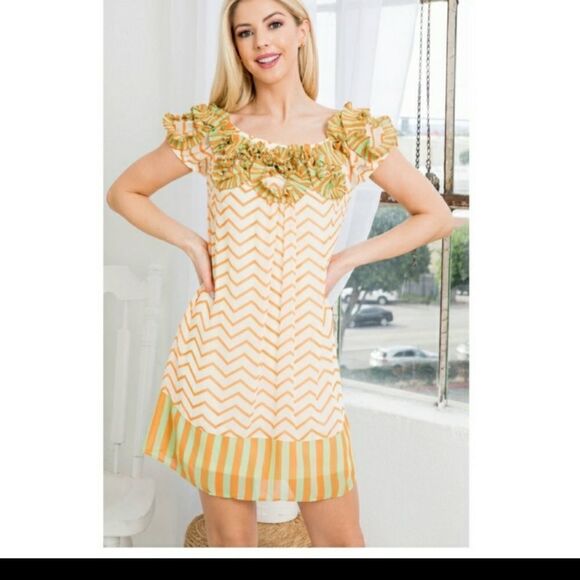 Ryu A'vere Stunning Orange & Green Chevron Mini Dress sizes S 2-4 M 6-8 L 10-12 - Picture 2 of 11